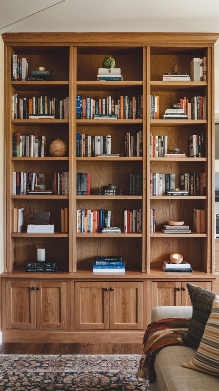 Built-in bookshelves, custom cabinetry, wall-to-wall storage, home library design, wooden shelving, classic interior, reading nook, organized book collection, floor-to-ceiling shelves, traditional decor