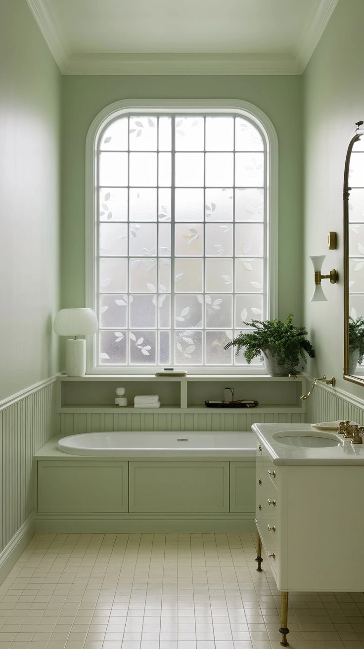 Calming green bathroom, nature-inspired, soothing color palette, fresh atmosphere, botanical vibes, serene design, light fixtures, natural elements, relaxing space, harmonious decor