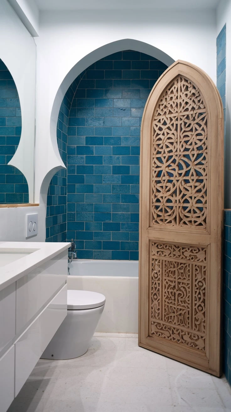 Carved cabinet doors, wooden details, Moroccan craftsmanship, intricate patterns, bathroom storage, artistic woodwork, traditional motifs, textured surfaces, natural materials, decorative cabinetry