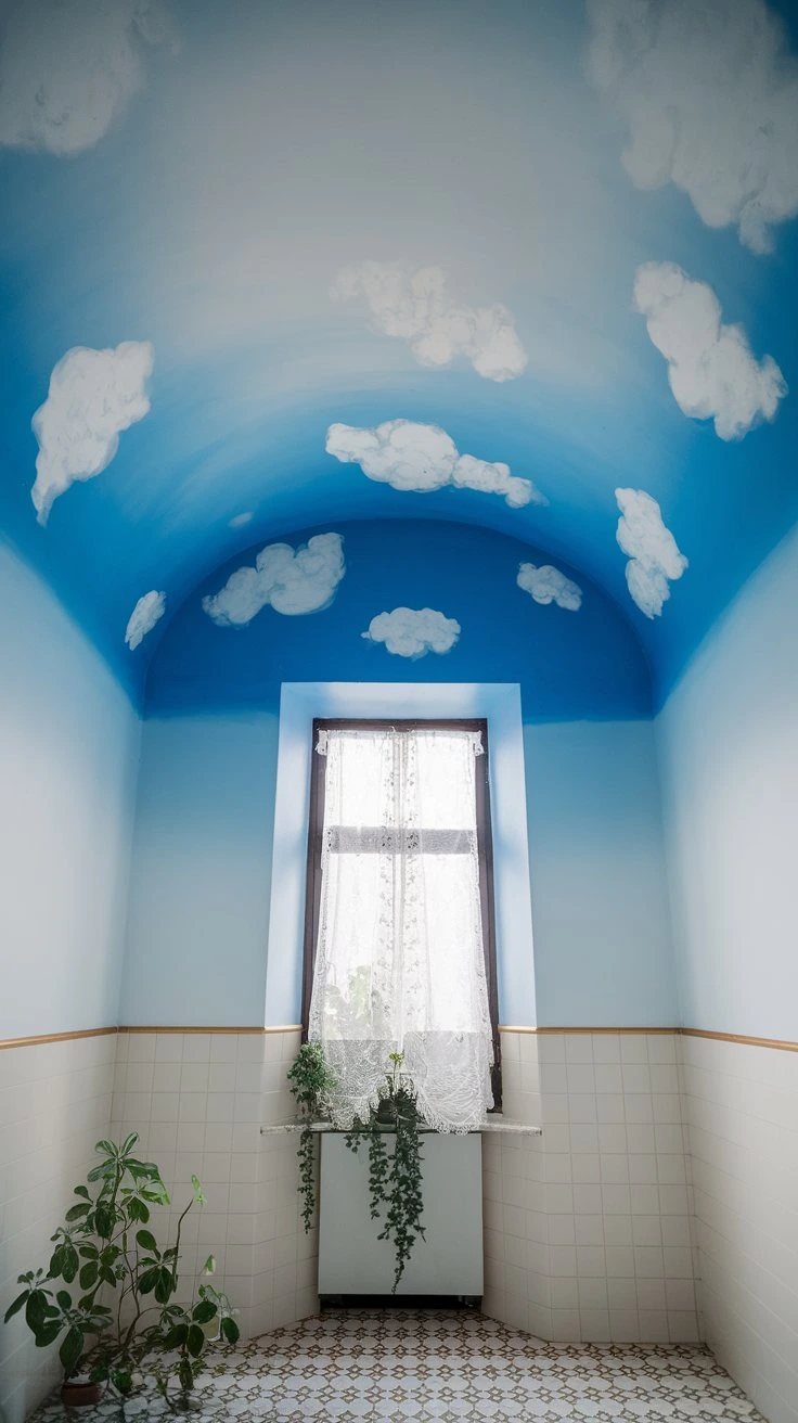 Ceiling focus bathroom, painted ceiling design, unique overhead treatment, creative paint idea, eye-catching feature, unexpected decor, modern interior, stylish concept, dimensional space, artistic touch