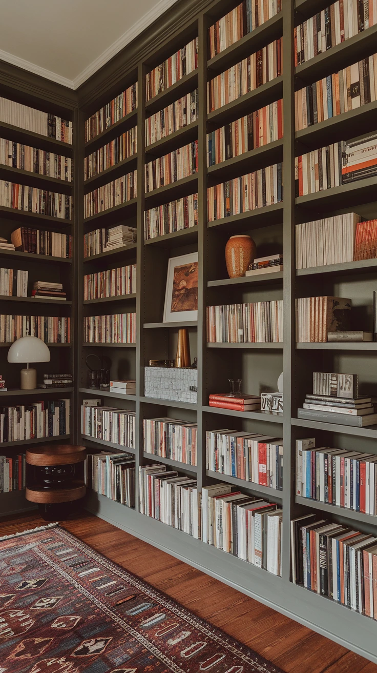 Ceiling-to-floor bookshelves, floor-to-ceiling storage, dramatic library design, wall of books, full-height shelving, home library feature, maximized book storage, impressive interior, bibliophile's dream, grand bookcase