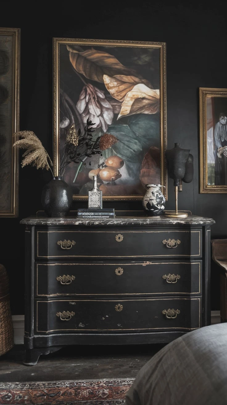 Dark painted dresser bedroom storage statement piece black paint brass pulls marble top