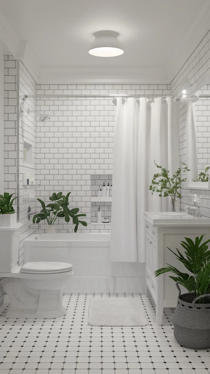 Classic white bathroom, clean design, bright space, modern fixtures, subway tiles, minimalist decor, light-filled, spacious feel, fresh look, timeless appeal