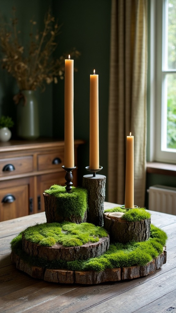 Moss-covered elements, wooden stumps, tree disks, stacked logs, natural centerpiece, preserved pieces, organic decor, earthy accents