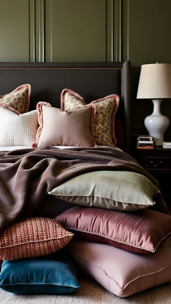 Clustered pillow piles, luxurious pillow arrangement, textured cushion display, mix-and-match pillow styles, cozy bed setup, decorative pillow layering, soft bedroom accents, inviting pillow composition, comfortable bedding accessories, plush pillow assortment