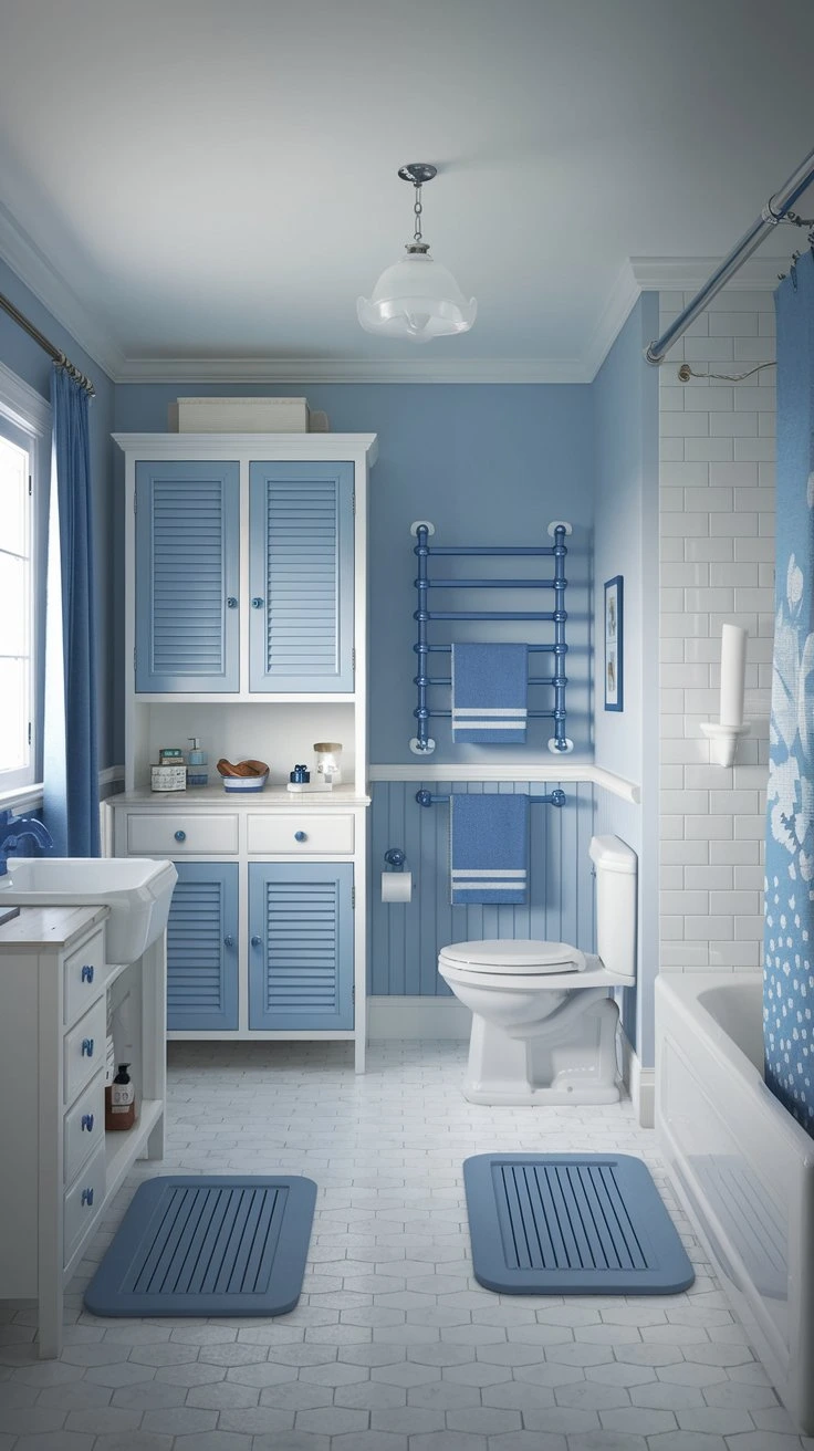 Coastal cool bathroom, beach-inspired colors, seaside vibes, relaxing atmosphere, light and airy design, nautical elements, fresh palette, breezy interior, calming space, oceanside retreat