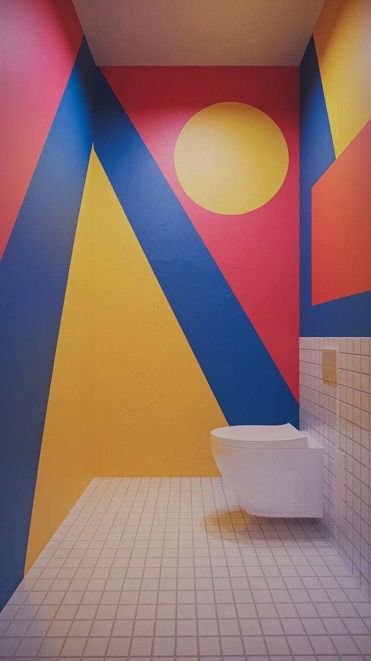 Color-blocked shapes bathroom, geometric design, modern art-inspired, bold color choices, creative paint technique, playful interior, unique wall treatment, artistic decor, eye-catching feature, contemporary style