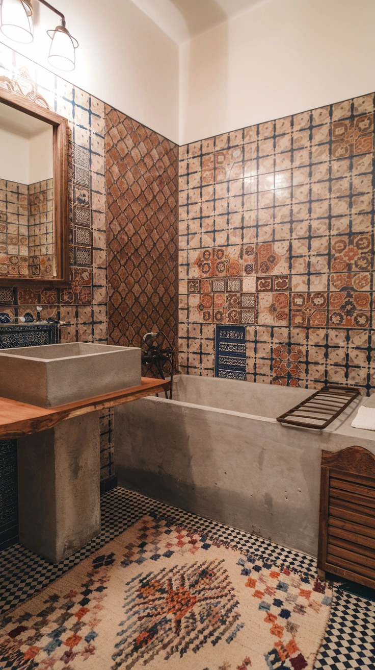 Concrete sink, modern Moroccan, industrial chic, raw materials, minimalist design, textured surfaces, neutral tones, contemporary bathroom, sleek fixtures, urban style