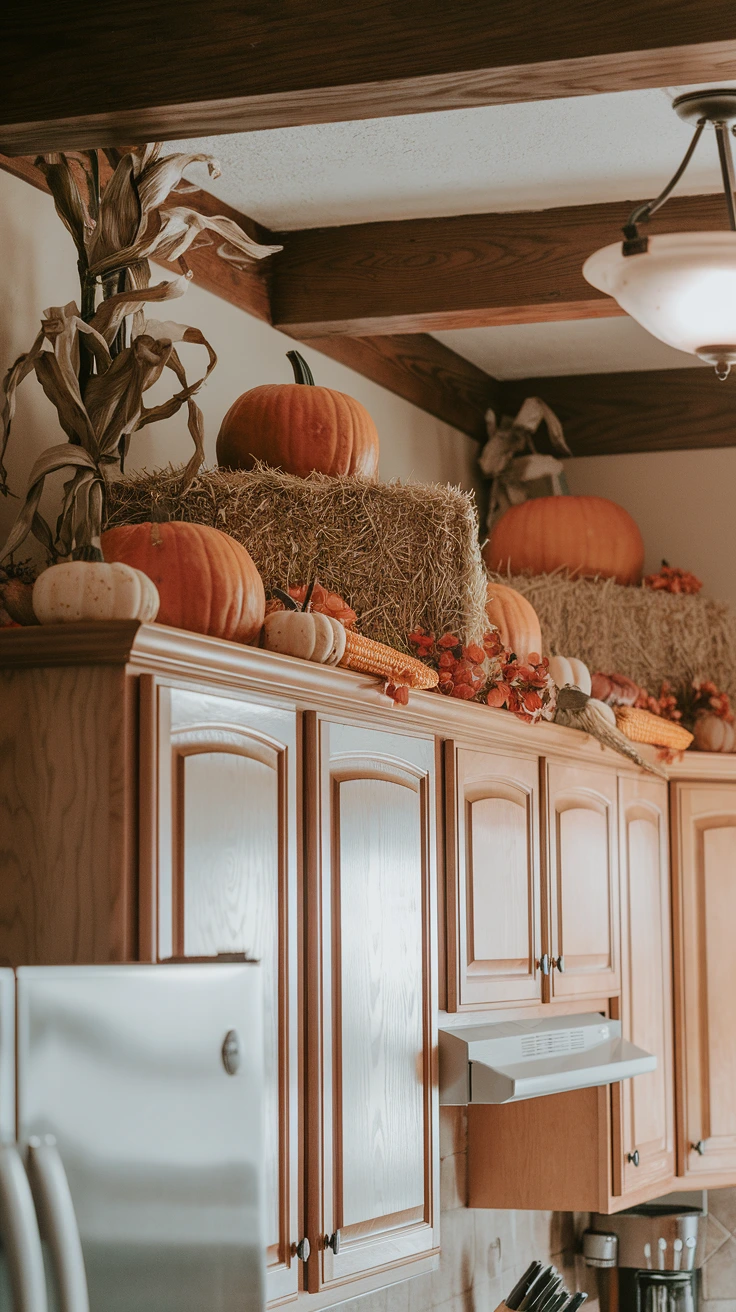 Fall decor matching kitchen style, modern autumn elements, sleek seasonal touches, cohesive design