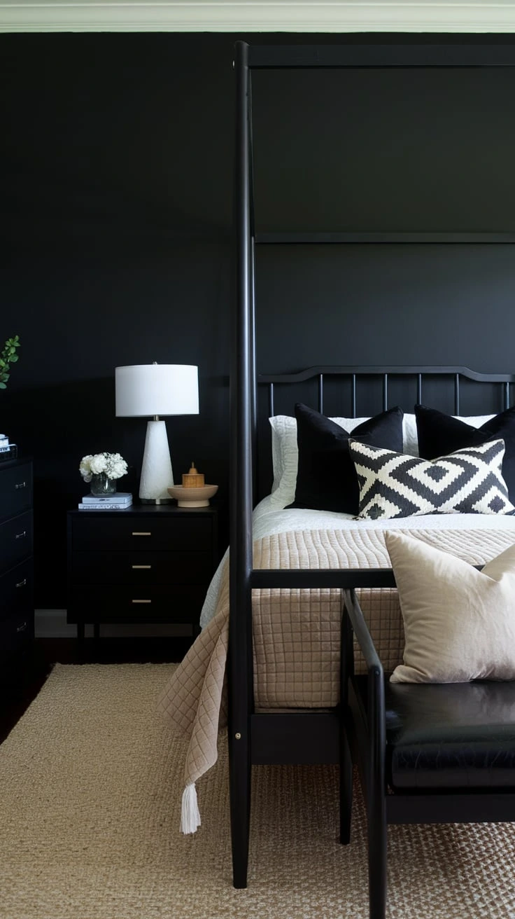 Black furniture bedroom decor dark wood coordinated style moody ambiance elegant design