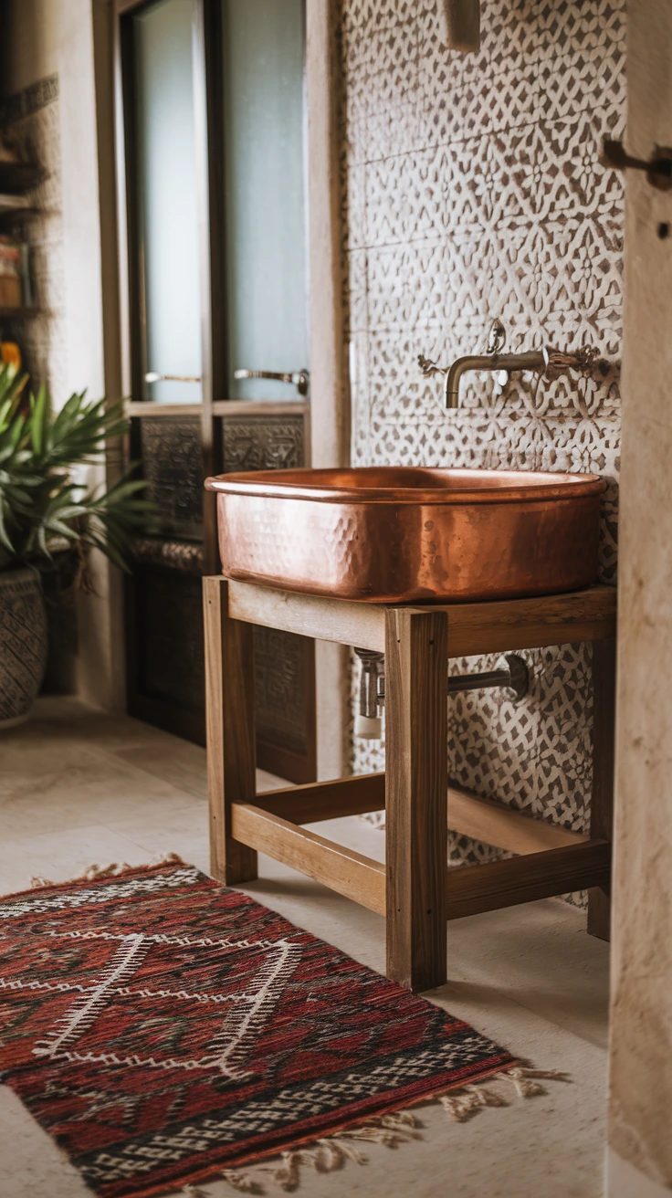 Hammered copper sink, rustic elegance, metallic basin, Moroccan craftsmanship, warm tones, statement fixture, vintage look, natural patina, luxury bathroom, artisanal touch