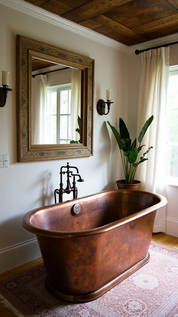 Copper soaking tub, luxury bathroom, boho farmhouse style, freestanding bathtub, metallic accent, rustic elegance, spa-like retreat, warm tones, statement piece, relaxation