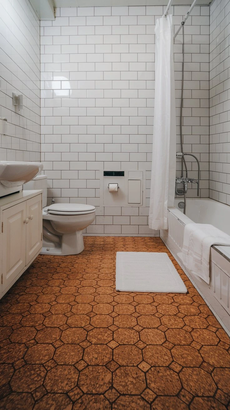 Cork bathroom flooring, eco-friendly, comfortable, insulating, sound-absorbing, hypoallergenic, renewable resource, warm underfoot, mold-resistant, natural material