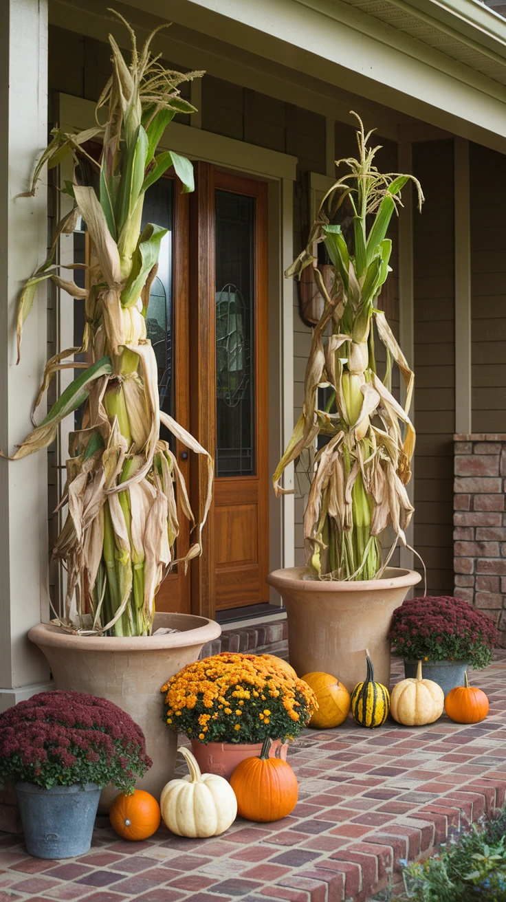 Corn stalk arrangements dramatic entrance pumpkins gourds potted mums fall display porch decor autumn decorating ideas