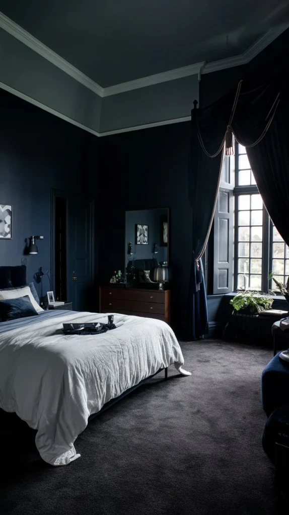 Velvet curtains in moody bedroom, luxurious window treatments, rich drapery, blackout curtains, elegant window coverings, plush fabric, dramatic window decor, sophisticated curtains, light-filtering drapes, opulent window dressing