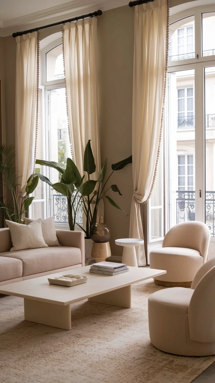 Luxurious curtains, elegant window dressing, sophisticated drapes, modern window treatment, stylish room accent, light-filtering curtains, contemporary fabric design, chic window decor, refined interior detail, soft window furnishing