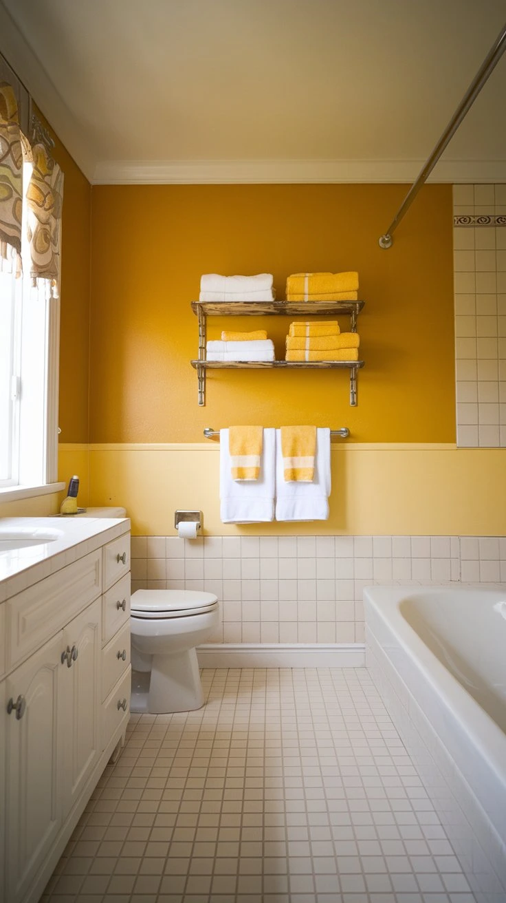 Energizing yellow bathroom, bright and cheerful, sunny atmosphere, white fixtures, vibrant decor, uplifting color scheme, modern design, light-filled space, refreshing ambiance, bold accent color