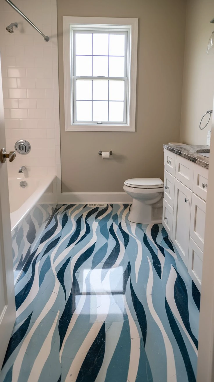 Epoxy bathroom flooring, seamless, waterproof, customizable colors, durable, easy to clean, stain-resistant, hygienic, glossy finish, modern look