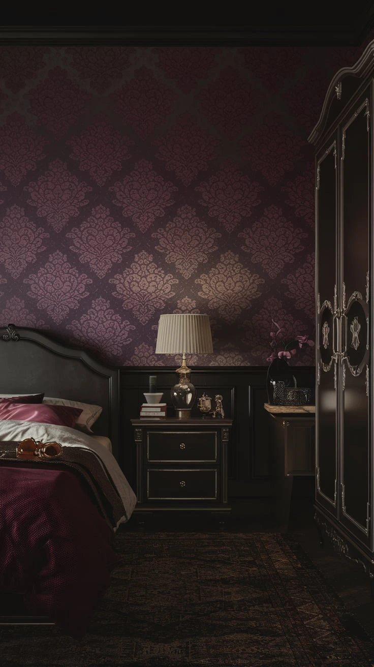 Bedroom wallpaper damask print deep burgundy floral geometric peel-and-stick