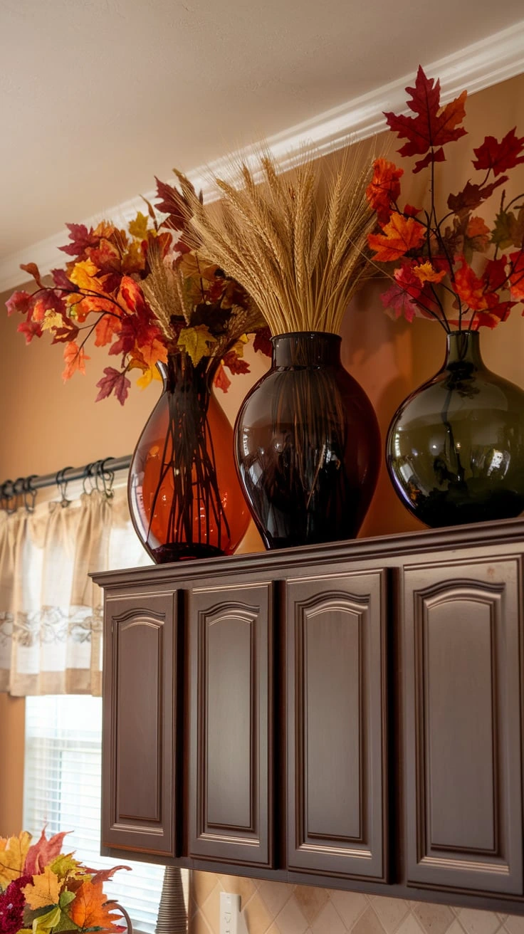 Autumn-hued vases with fall foliage, orange, burgundy, green, seasonal flowers, decorative containers