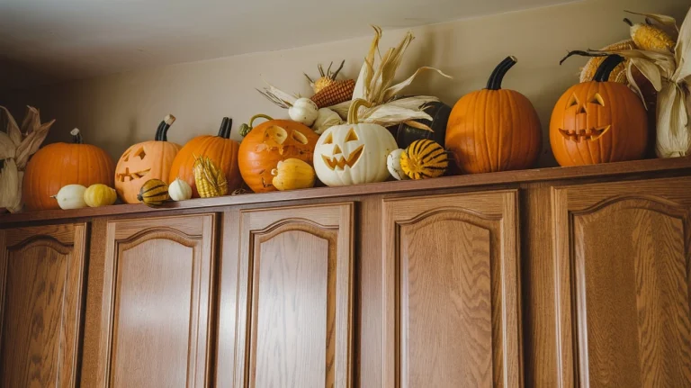 fall decor above kitchen cabinets, autumn kitchen decor, cozy kitchen ideas, fall-themed kitchen decorations, seasonal decor for kitchens, kitchen cabinet styling, rustic fall accents, warm kitchen decor ideas, autumn-inspired kitchen decor, decorative kitchen shelves