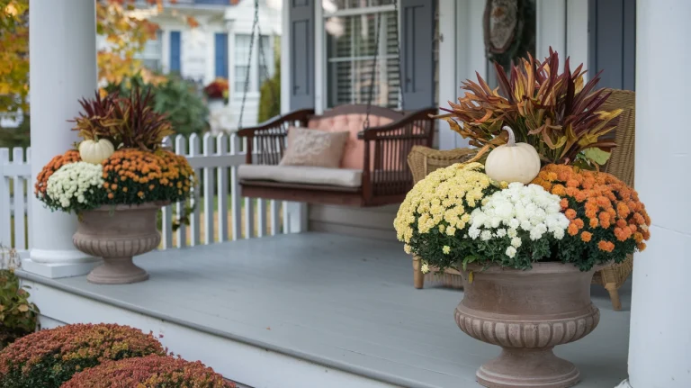 fall porch decor, autumn planters, cozy front porch ideas, seasonal porch decorations, fall flower arrangements, outdoor fall decor, pumpkin planters, welcoming porch ideas, porch gardening, fall foliage planters