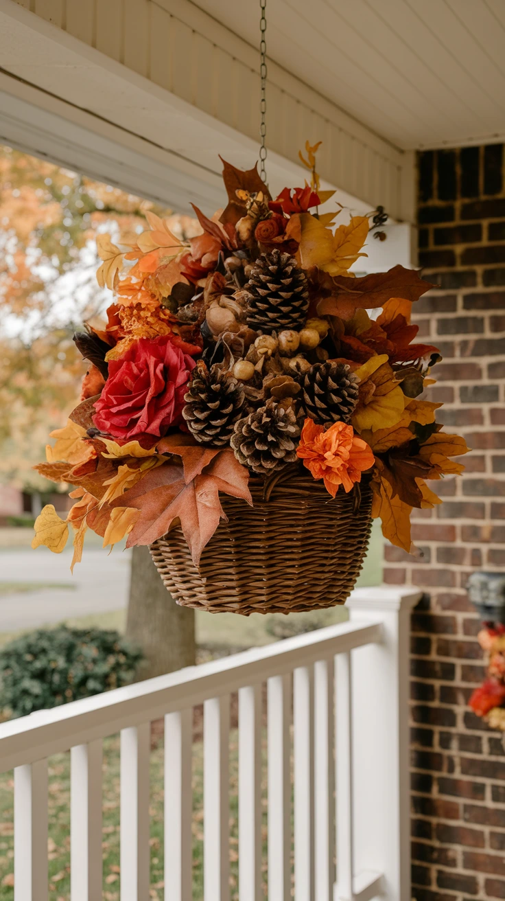 Fall-themed door basket autumn foliage flowers preserved leaves pine cones welcoming entrance decor seasonal arrangement