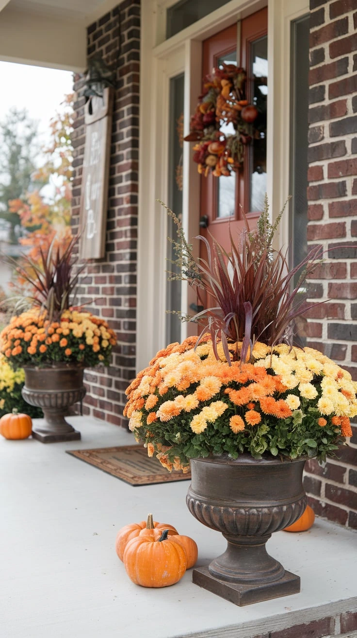 Fall-themed window boxes autumn varieties pansies ornamental peppers kale gourds miniature pumpkins seasonal interest outdoor decor