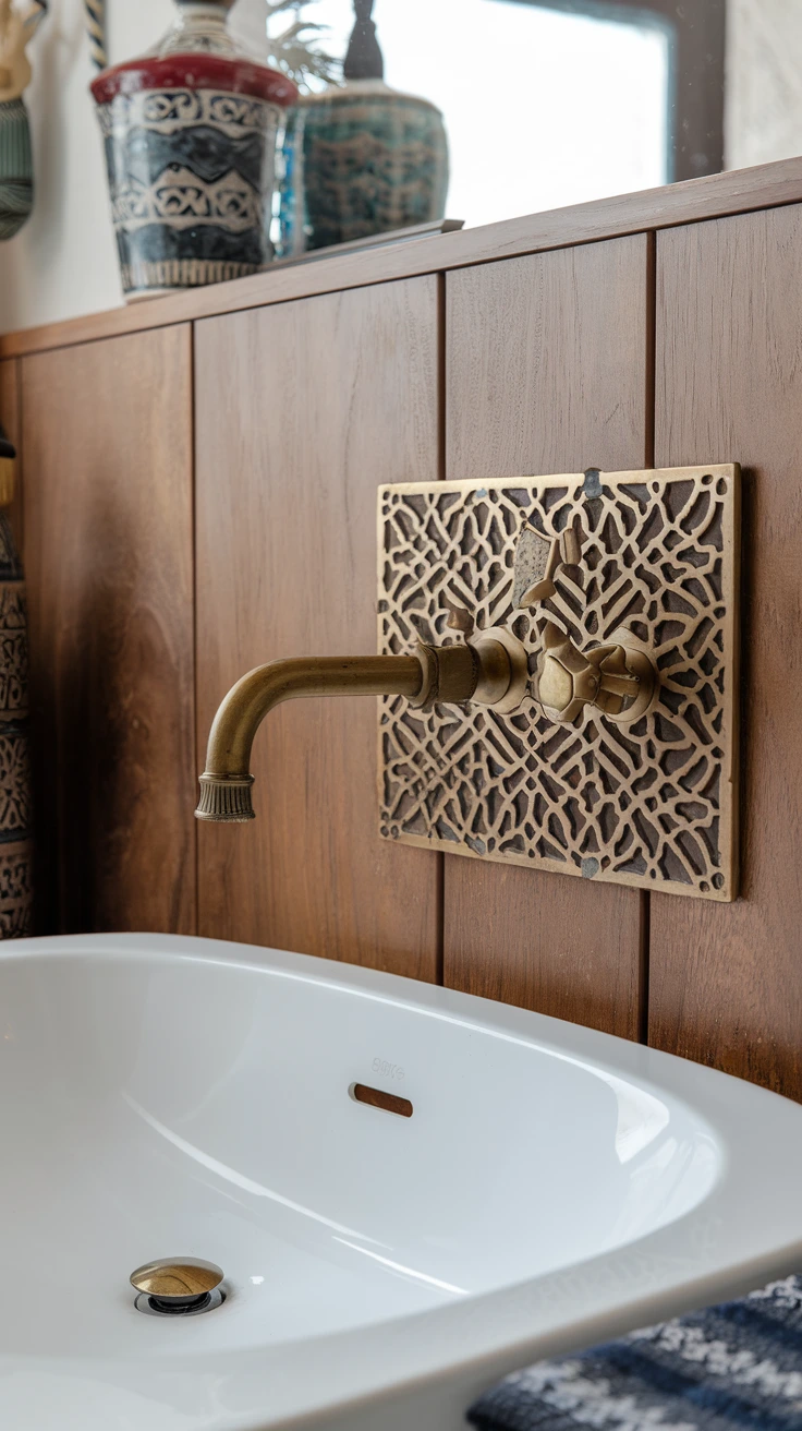 Ornate faucet, brass fixtures, luxury bathroom, intricate patterns, Moroccan metalwork, statement sink, vintage style, gold accents, decorative hardware, elegant plumbing