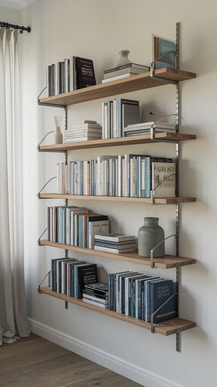 Floating shelves, modern bookshelf, wall-mounted storage, minimalist decor, space-saving design, contemporary interior, book display, sleek organization, home library, customizable shelving