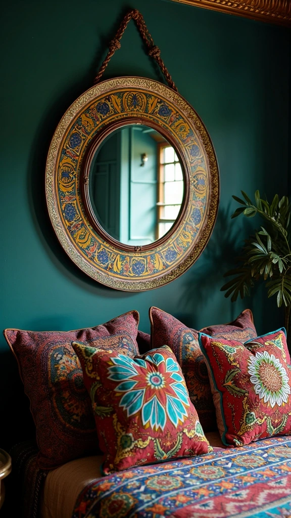 Moroccan mirrors in bedroom, ornate mirror frames, exotic wall decor, intricate mirror designs, global-inspired accessories, decorative reflective surfaces, artistic mirror placement, statement bedroom mirrors, cultural decor elements, unique wall accents