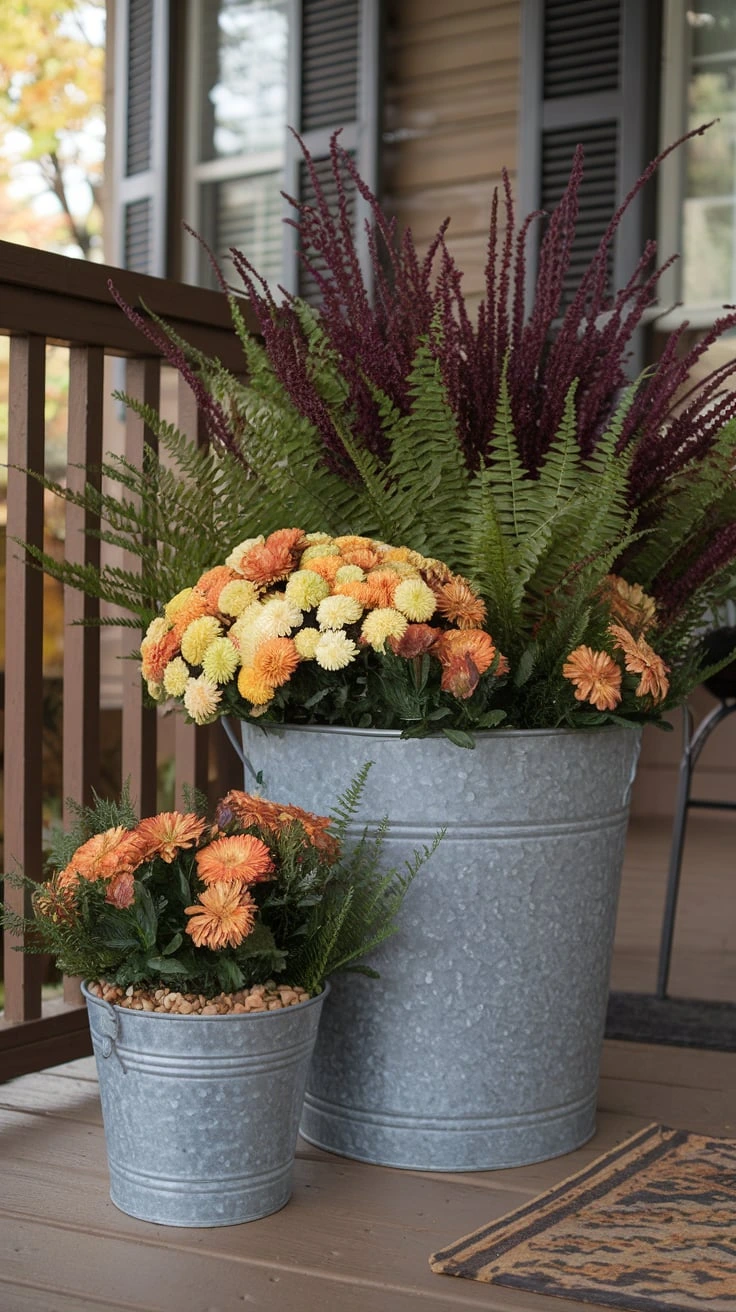 Galvanized bucket arrangements fall flowers grasses vines metallic finish organic elements autumn planters porch decor