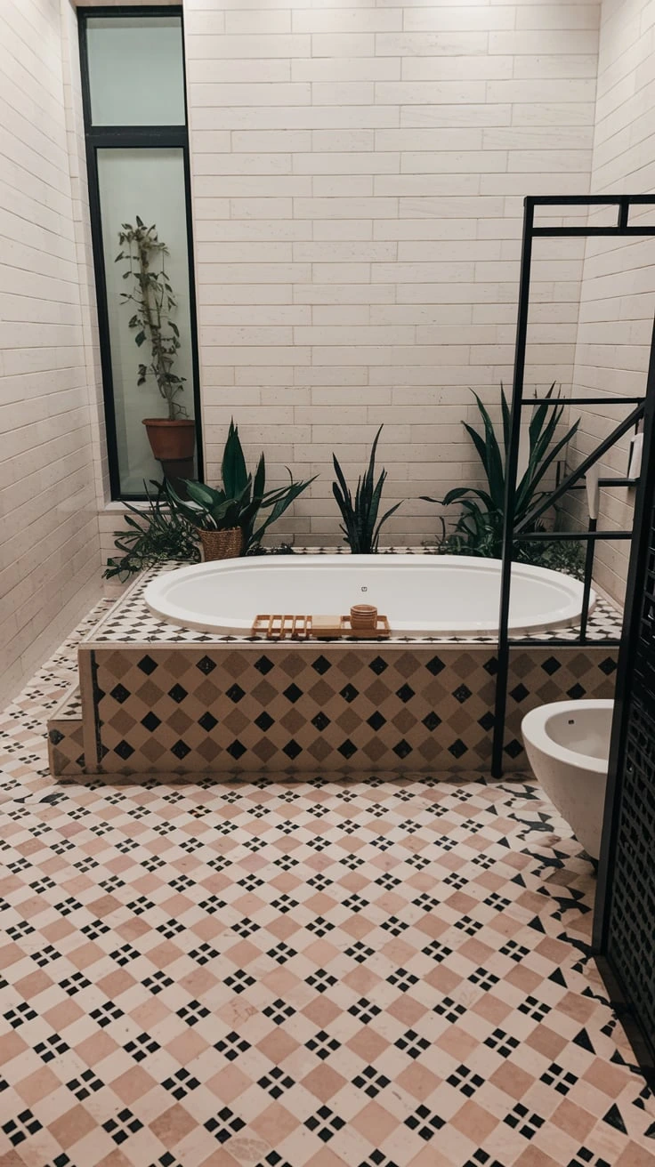 Geometric tiles, Moroccan patterns, intricate designs, repetitive motifs, decorative walls, bold shapes, traditional art, visual interest, colorful accents, artistic bathroom