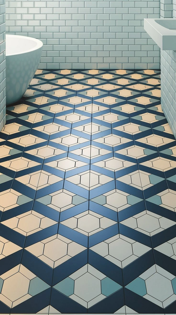 Geometric patterned bathroom flooring, bold designs, visual depth, customizable layouts, modern aesthetic, timeless appeal, statement floors, mix-and-match shapes, eye-catching, versatile