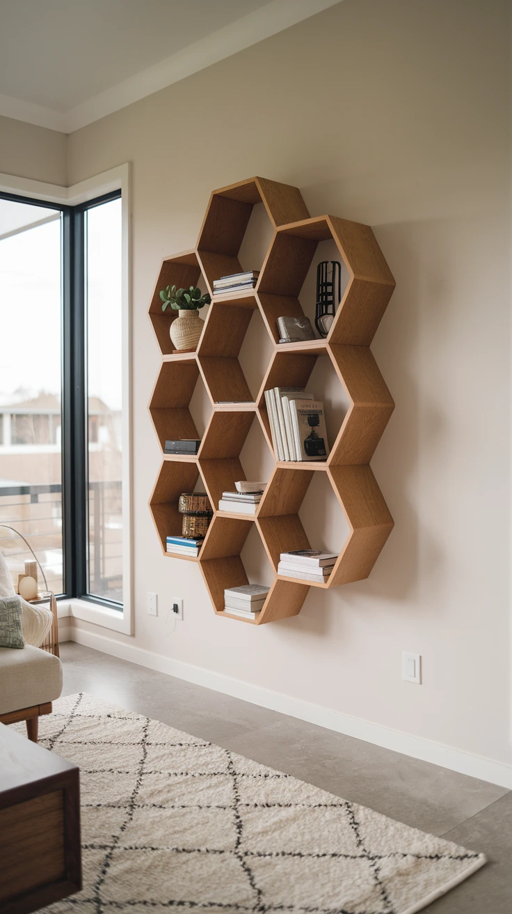 Geometric shelving, modern bookshelf design, hexagon shelves, triangle shelves, artistic wall decor, contemporary storage, unique book display, abstract shelving, modular organization, trendy interior