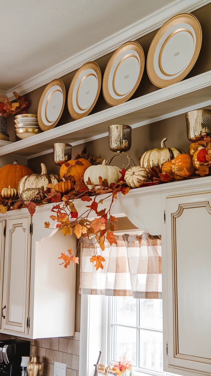 Gold accents in fall kitchen decor, metallic pumpkins, gilded plates, warm tones, elegant touches