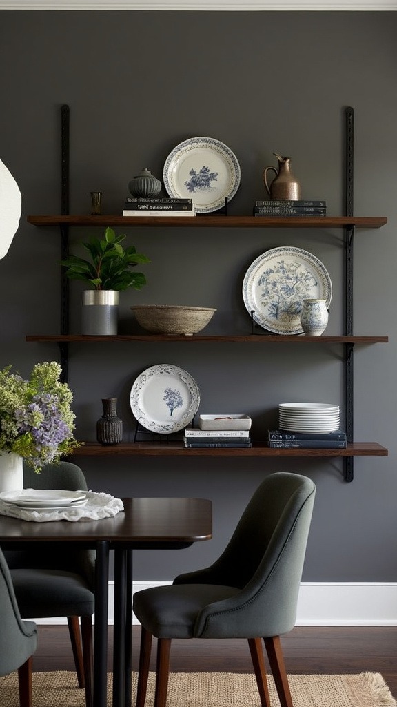 Dark shelving unit, textured shelves, espresso wood, gray metal, display space, vignettes, integrated lighting, task lighting, accent wall