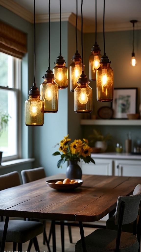 Glass jar pendant lighting, vintage apothecary jars, oil-rubbed bronze fixtures, metallic washes, ethereal lighting, intimate atmosphere, visual warmth