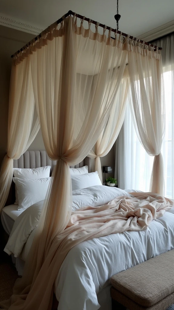 Sheer canopy draping, ethereal bed curtains, romantic bedroom feature, flowing fabric canopy, dreamy bed surroundings, soft bed enclosure, elegant sleeping space, translucent bed drapes, luxurious canopy design, airy bedroom accent