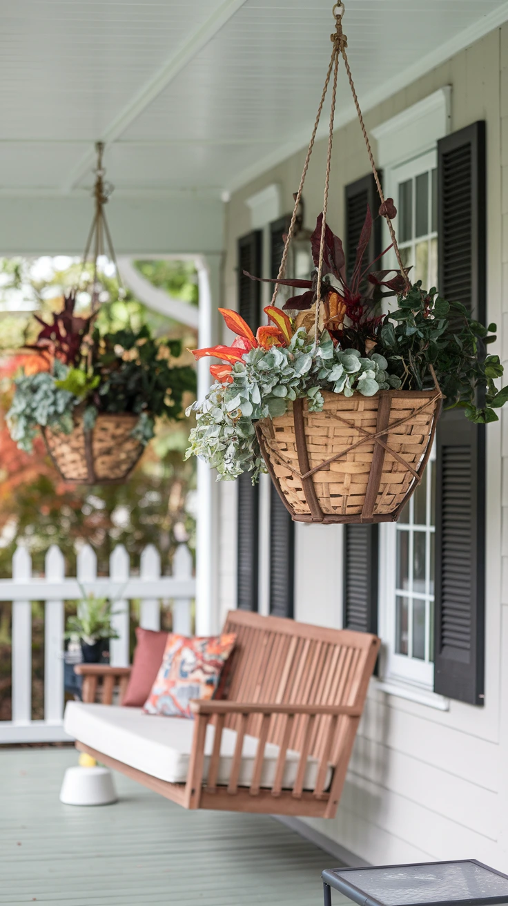 Hanging basket makeover autumn varieties ornamental peppers trailing pansies ivy faux leaves berries fall porch decor