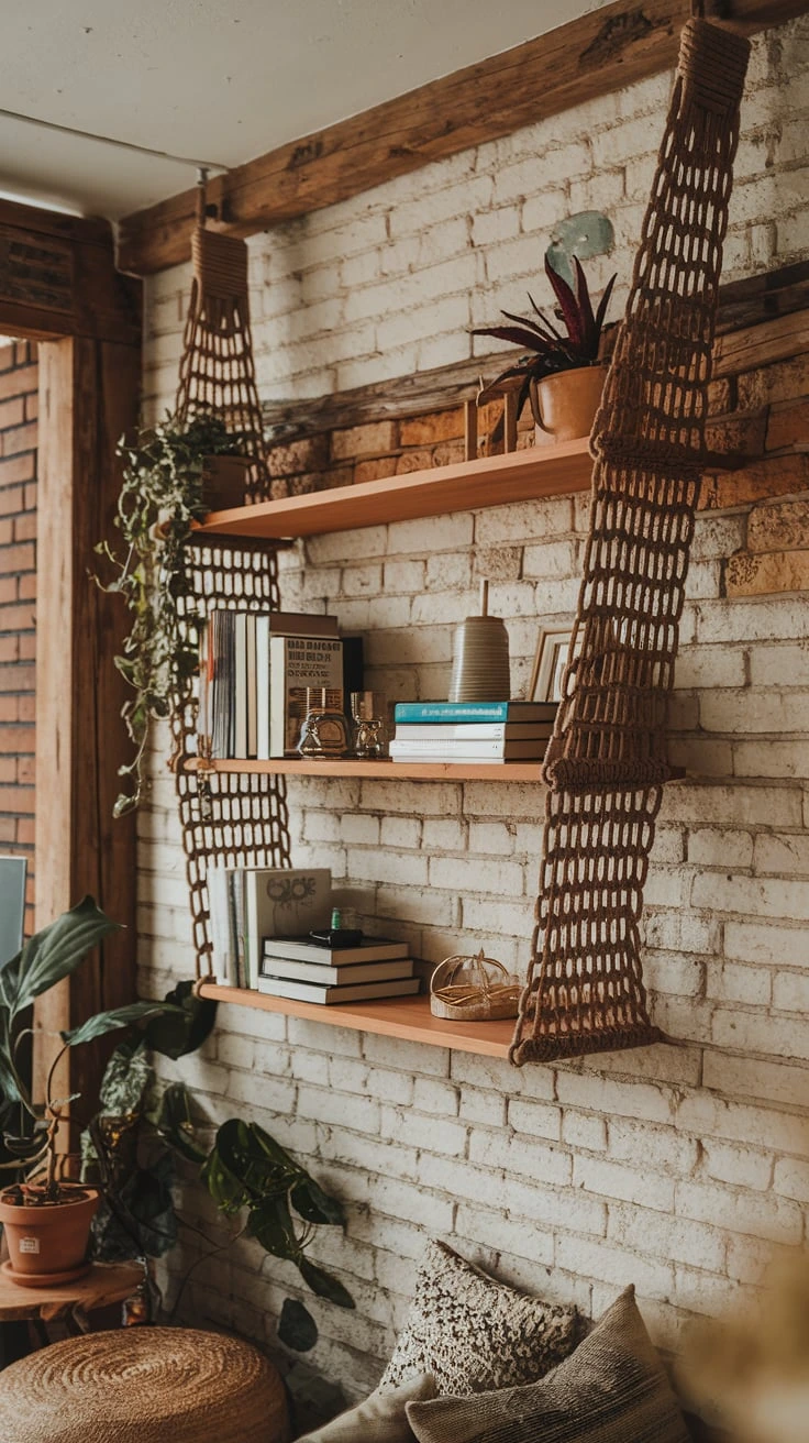 Hanging rope shelves, bohemian decor, DIY bookshelf, rustic storage, nautical-inspired design, textured interior, casual book display, unique wall shelving, customizable organization, eco-friendly furniture