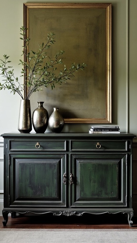 Buffet, sideboard, distressed wood, metal patina, ornate carving, dark tone, black, green, sculptural accents, mercury glass