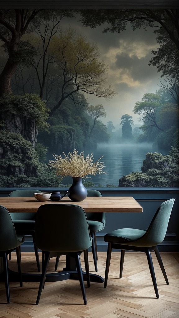 Mural wallpaper, artistic design, dimensional texture, nature scene, rich layered tone, statement wall, removable wallpaper, depth, visual interest, moody accent