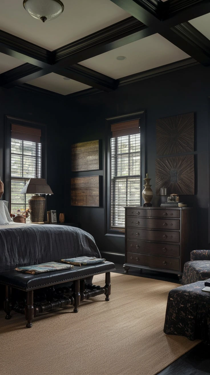 Dark wood accents bedroom decor espresso stain vintage appeal natural contrast