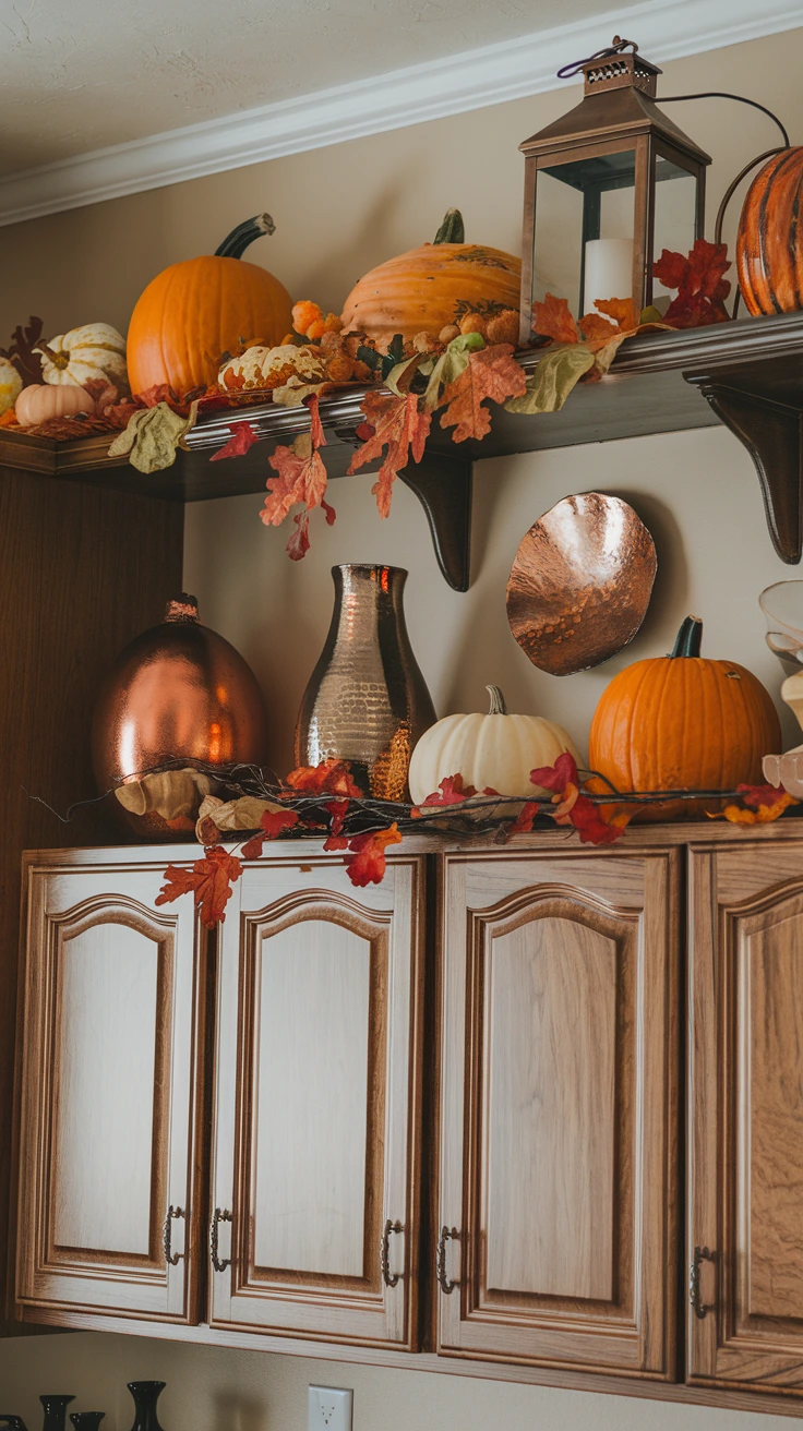 Metallic fall decor, bronze accents, copper elements, shiny surfaces, elegant autumn touches