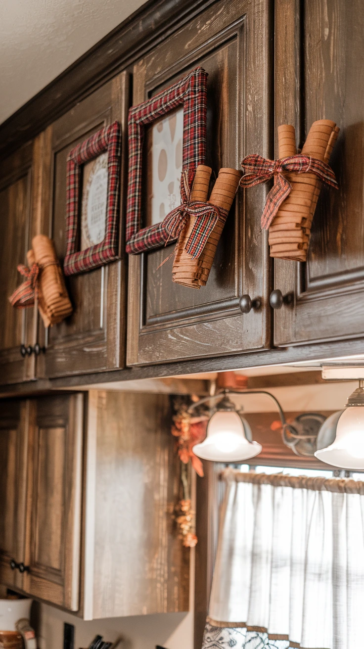 Plaid accents in fall kitchen decor, cozy fabrics, tartan patterns, seasonal textiles, warm colors