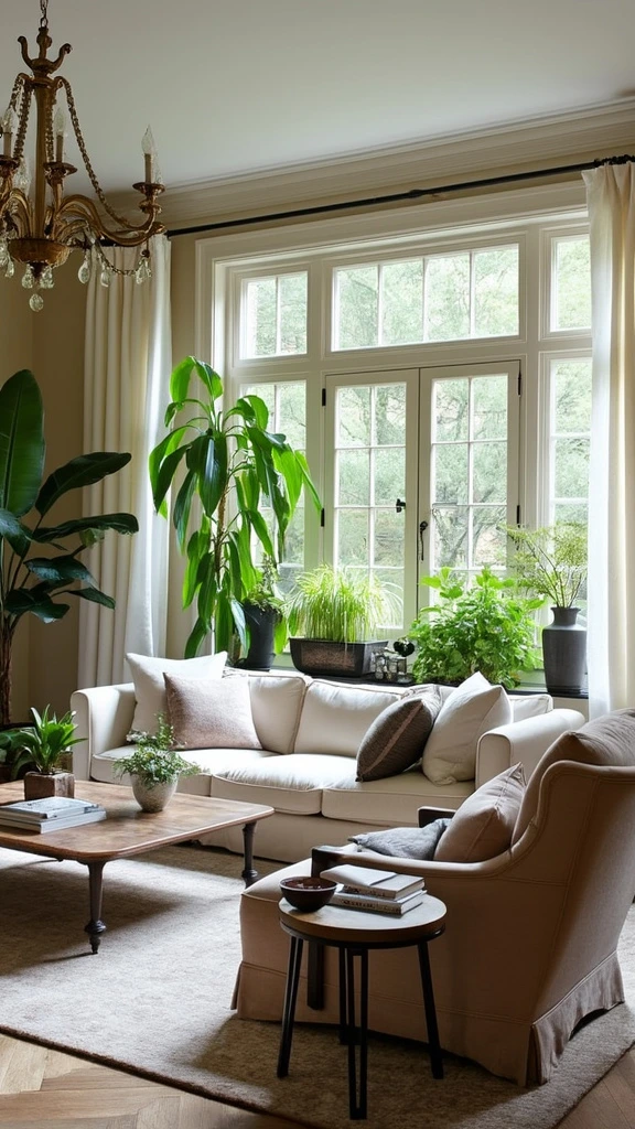 Green indoor plants, living room greenery, natural home decor, stylish plant arrangement, contemporary botanical accents, fresh interior elements, modern planters, biophilic design, lush home accessories, elegant plant display