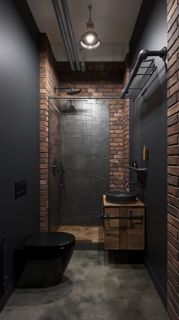 Industrial edge bathroom, urban loft style, raw materials, edgy design, modern aesthetic, metallic accents, cool tones, sleek fixtures, minimalist decor, contemporary space