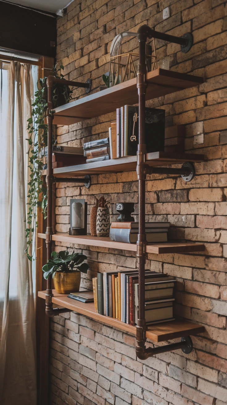 Industrial pipe shelving, rustic bookshelf, DIY storage solution, urban decor, metal and wood shelves, loft-style furniture, vintage-inspired design, customizable shelving, exposed pipe decor, warehouse aesthetic