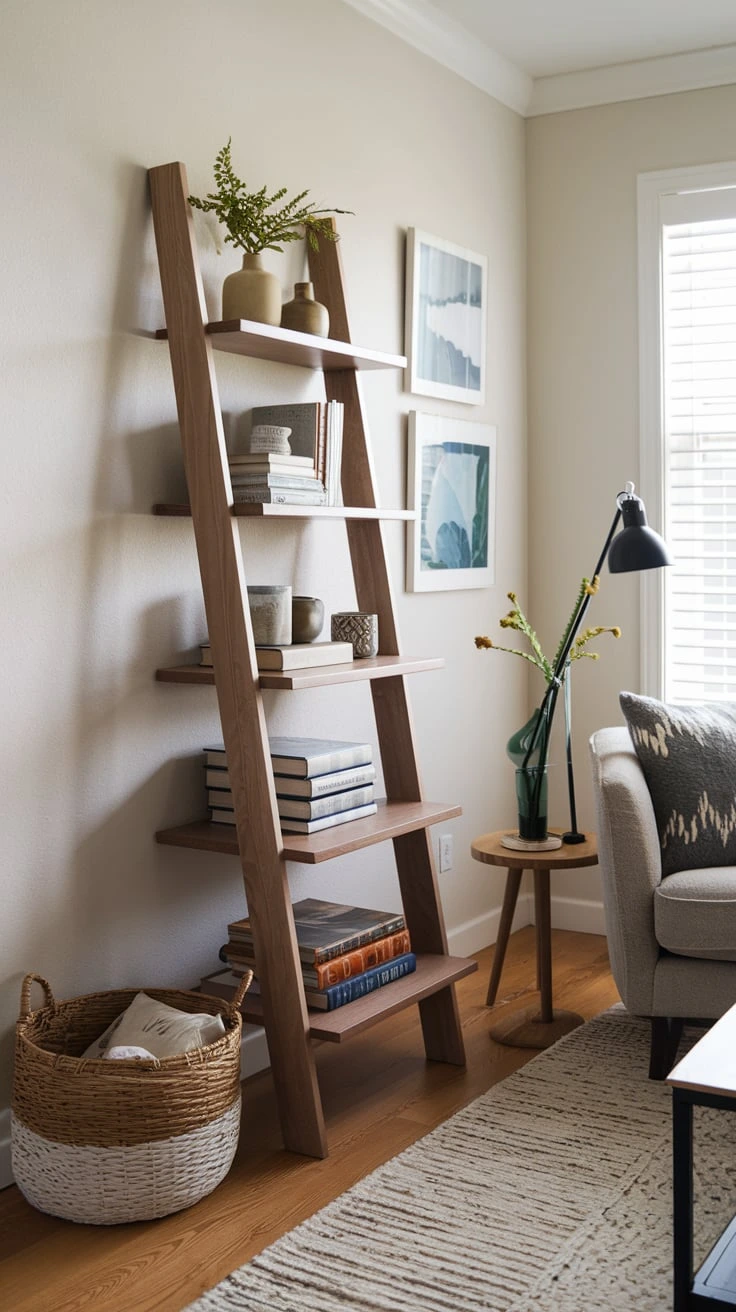 Ladder bookshelf, leaning shelf, space-saving furniture, rustic decor, vertical storage, corner bookcase, unique bookshelf design, farmhouse style, compact library, decorative ladder